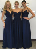 Navy blue Chiffon Simple Lace Long A Line Sleeveless Bridesmaid Dress OK238