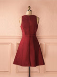 Simple Burgundy Satin A-line Deep V-neck Short Homecoming/Prom Dress,Graduation Dresses OK424