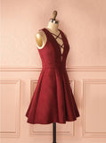 Simple Burgundy Satin A-line Deep V-neck Short Homecoming/Prom Dress,Graduation Dresses OK424