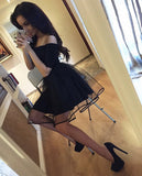 A-Line Off-The-Shoulder Short Sleeves Black Tulle Homecoming Dress For Juniors OK475