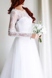 Simple A-line Long Sleeves White Tulle Lace Top Long Wedding Dress OKA47