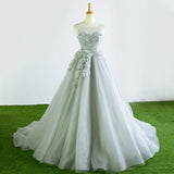 Gray Tulle Court Train Long Evening Prom Dress With Flowers OK942