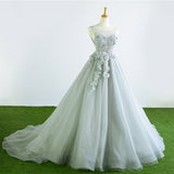 Gray Tulle Court Train Formal Long Prom Dresses With Flowers OK942