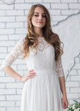 White Long Half Sleeve Chiffon Wedding Dress,Lace Beach Floor-Length Bridal Dresses OK618