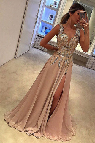 Sexy V Neck Split Side,Appliques A Line Long Prom Dresses OK819