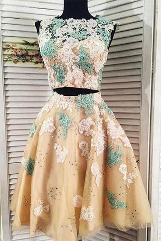 Two Pieces Lace Tulle Long Sleeve Homecoming Dress, Short Prom Gown OKE11