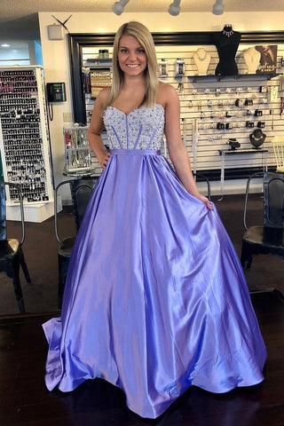 Elegant Taffeta Sweetheart Strapless Lavender A-line Prom Dress With Beading OKF72