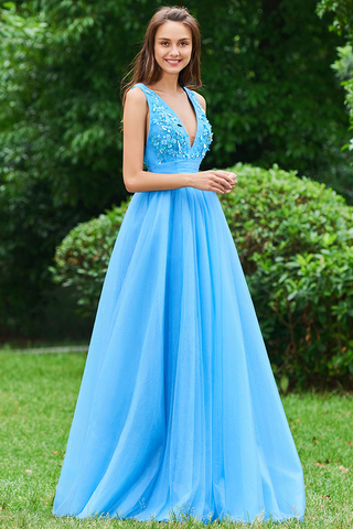 Blue V Neck A-Line Sleeveless Appliques Backless Floor Length Prom Dress OKE28