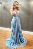 Simple Blue Chiffon V-neck Long Prom Dress Party Formal Gowns OKU59