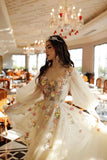 Light Champage A Line Tulle Long Prom Dress With Flowers Pruffy Sleeves Party Dress OK1890