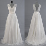 Princess A Line V Neck Ball Gown White Lace Tulle Wedding Dress With Flowers Belt OK183