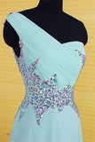 One Shoulder Light Sky Blue Long Beaded Chiffon Prom Dress OK10