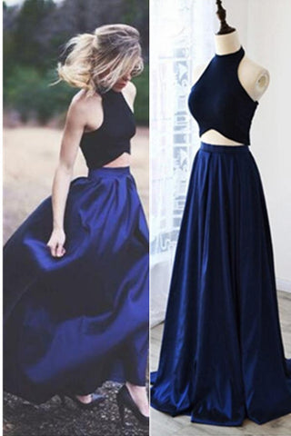 Two Pieces Royal Blue A-line Long Simple Halter Open Back Prom Dress K663