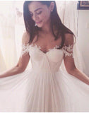 Simple White Long A Line Wedding Dresses, Chiffon Off the Shoulder Wedding Dresses OK160