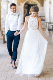 Simple Jewel Sleeveless Long Lace White Tulle A-line Wedding Dress OK164