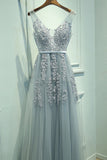 Gray Tulle Long V-neck Evening Dress A Line Appliqued Prom Dress OKP166