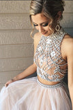 Two Piece A line Tulle Beading Pretty High Neck Prom Dress,2 pieces Evening Dresses OK176