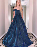 Blue A Line Sweetheart Long Off Shoulder Prom Dress Formal Evening Dress OK1161