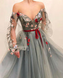 Off The Shoulder Long Sleeves A Line Tulle Long Prom Dress With Flowers OK1080