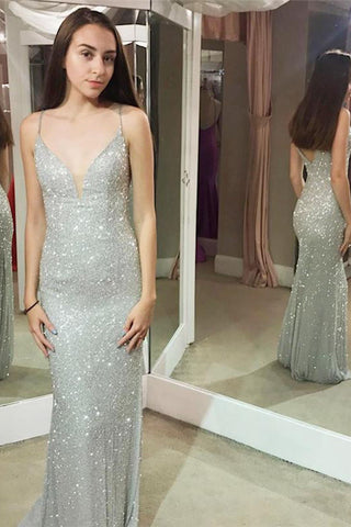 Shiny Mermaid Spaghetti Sheath Silver Long Sexy Prom Dress OKG35