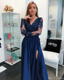 A Line Long Sleeves V Neck Dark Blue Prom Dress With Appliques OKI67