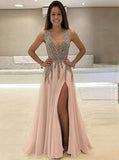 A-line V-neck Tulle Sexy Shinny Rhinestone Long Prom Dresses With Slit OKA89