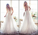 Modest A Line Chiffon V-neck Long Appliqued Wedding Dress,Custom Made Beach Wedding Dress OK268