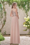 Rose Gold A Line Backless Bridesmaid Dress,Sequins Chiffon Cheap Beach Bridesmaid Dress OKI11