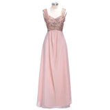 Rose Gold A Line Spaghetti Straps Prom Gowns Backless Sequins Chiffon Bridesmaid Dress OKI10