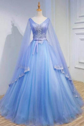 Medieval Long Sleeve Blue Appliques Ball Gown Prom Dresses Quinceanera Dresses OKU98