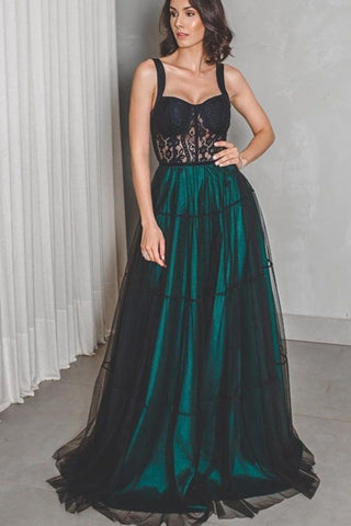 A Line Long Dark Green Black Straps Prom Dress, Cheap Evening Gown OKH71