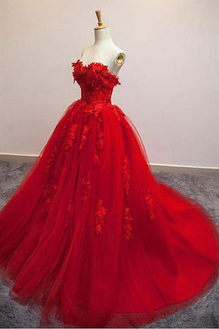 Charming Red Sweetheart Strapless Ball Gown Applique Tulle Long Prom Dresses OKE82