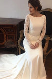 Simple Mermaid Bridal Dresses V Back Long Sleeve Beach Wedding Gowns OKV11