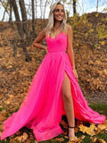 A-line V Neck Hot Pink Prom Dress With Slit OKZ7