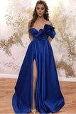 Sweetheart A-line Prom Dress Long With Pockets Royal Blue Satin Evening Dress OKW36