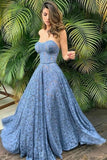 Blue Long Evening Dress Lace Bodice Formal Dress Sweetheart Neck A-line Prom Dress OKW45