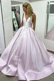 Ball Gown Light Pink Satin V Neck Long Lace Appliques Prom Dress Evening Dress OK1196