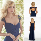 Navy Blue Long Open Back Cap Sleeve Sexy Chiffon Bridesmaid Dress OK189