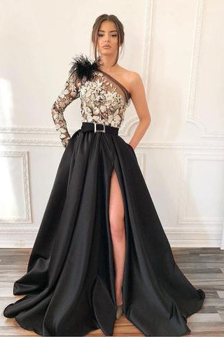 A-Line One-Shoulder Black Long Lace Appliqued Split Prom Dresses with Pockets OKJ11