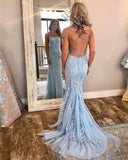 Blue Lace Applique Mermaid Sexy Charming Long Prom Dresses OKE39