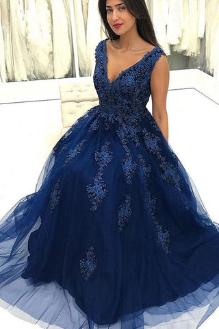 Charming V Neck Navy Blue Lace Appliques Long Prom Dress, Elegant Evening Dresses OKG7