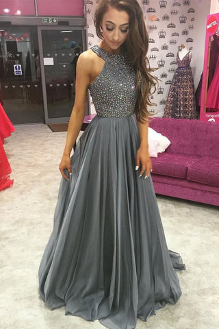 O-Neck Prom Dresses,Beading Prom Dress,Cheap Prom Dresses,Grey Prom Dress,Evening Dress For Women