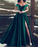 Elegant V Neck Off The Shoulder Long Satin Prom Dress With Slit OKE43