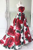 Rose Red Floral Long Prom Dress with Pockets Strapless Evening Gown OKI64