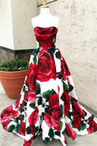 Rose Red Floral Long Prom Dress with Pockets Strapless Evening Gown OKI64