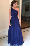 Royal Blue Tulle Long Prom Dress One Shoulder Simple Bridesmaid Dress OK8