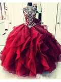 Royal Blue Organza High Neck Quinceanera Dress Burgundy Beading Prom Dresses OKI22