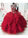 Royal Blue Organza High Neck Quinceanera Dress Burgundy Beading Prom Dresses OKI22