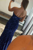 Burgundy Strapless Mermaid Sequined Long Prom Dress with Slit Formal Evening Gown OK1412