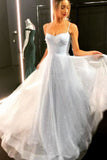 Sparkly Spaghetti Straps A Line Tulle Sequined Long Prom Dress OKW87